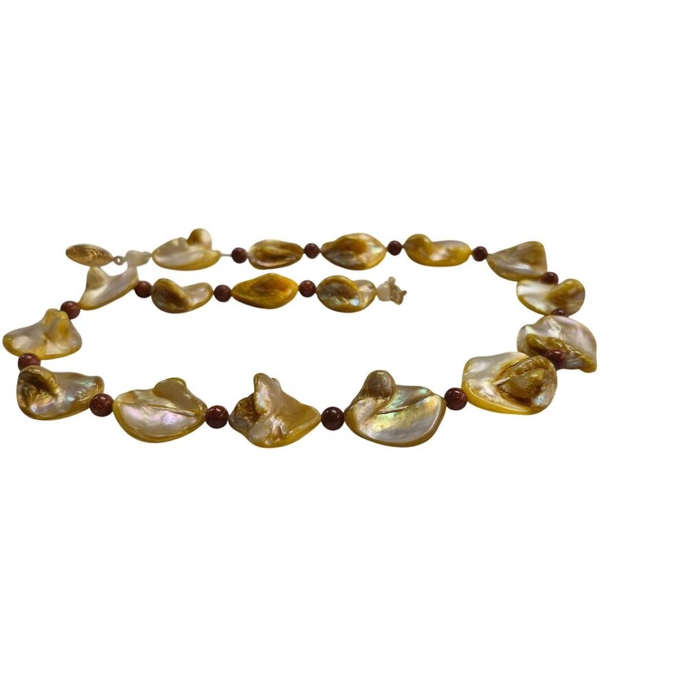 Yellow Mother of Pearl Necklace Goldstone Beads & Ornate Gold-Tone Clasp - Picture 10 of 10